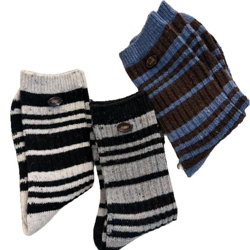 Women's Autumn Winter Thick Warm Dot Yarn Button Striped Wool Medium Tube Pile Socks