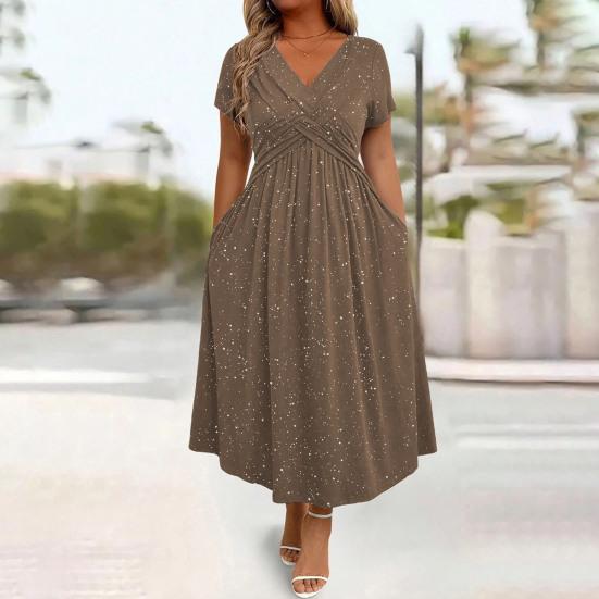 Glitter Sparkly Summer Dress for Women Twist Front V Neck Flowy Beach Sundress Short Sleeve A-line Swing Long Dress