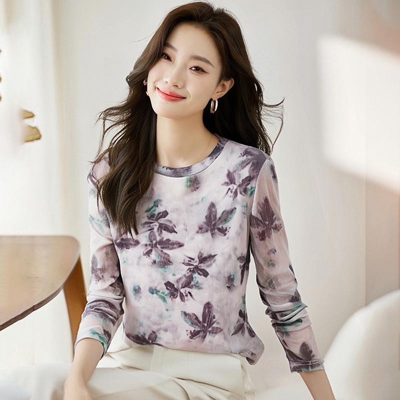 

Длинный рукав, тонкий свитер, рубашка с принтом тай-дай, женская, весенняя, новинка, универсальная футболка с круглым вырезом 3XL