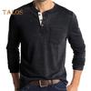 Men Spring Top with Chest Pocket Buttoned O Neck Slim Fit Long Sleeve Bottoming Clothes Solid Color Stretchy Pullover T-shirt