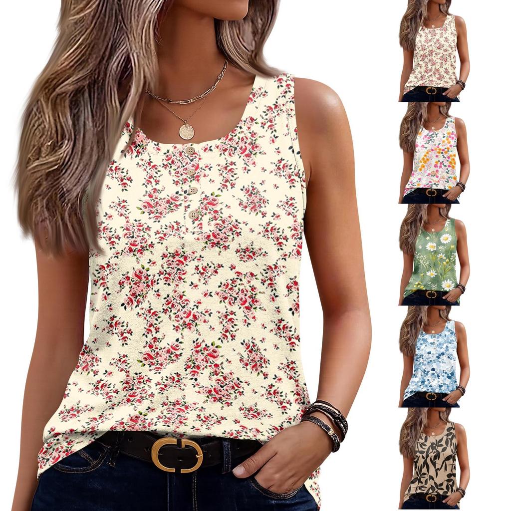 Women Sleeveless U Neck Button Front Floral Print Casual Tank Top Lightweight Summer Blouse