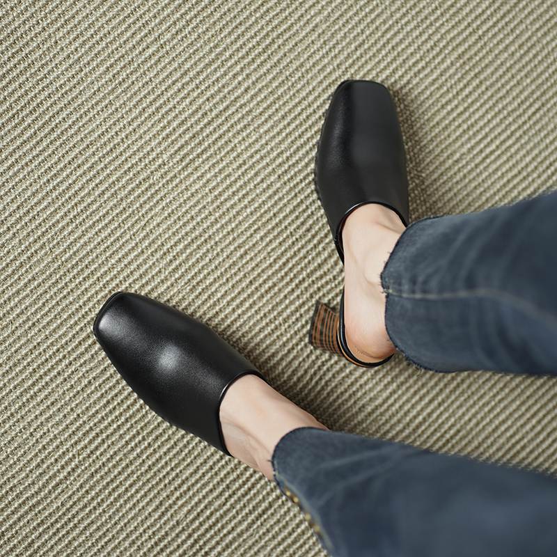 Krazing Pot Mules Cow Skin Basic Clothing Spring Summer Size 43 Size 42 Sandals Women Thick Heels Women Square Toe Slip On Pumps