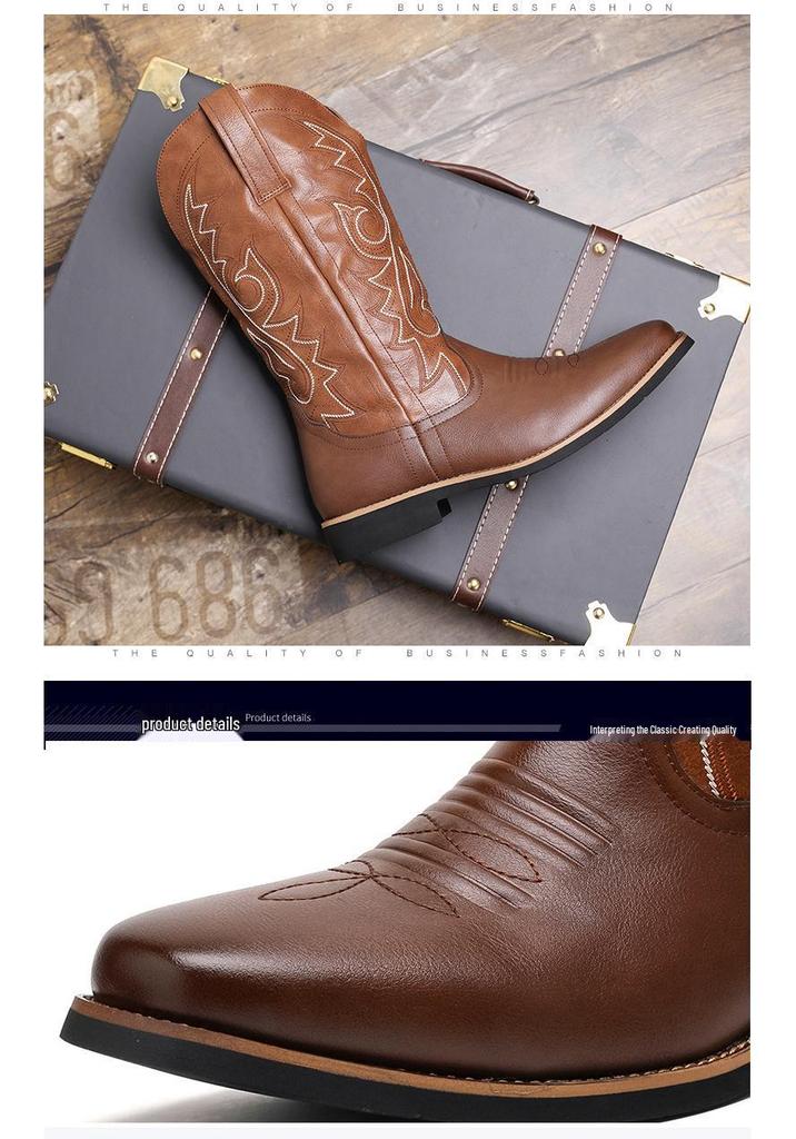 Men's Size 48 Leather High-Top Boots - Retro Cowboy Style for Spring, Autumn, and Winter