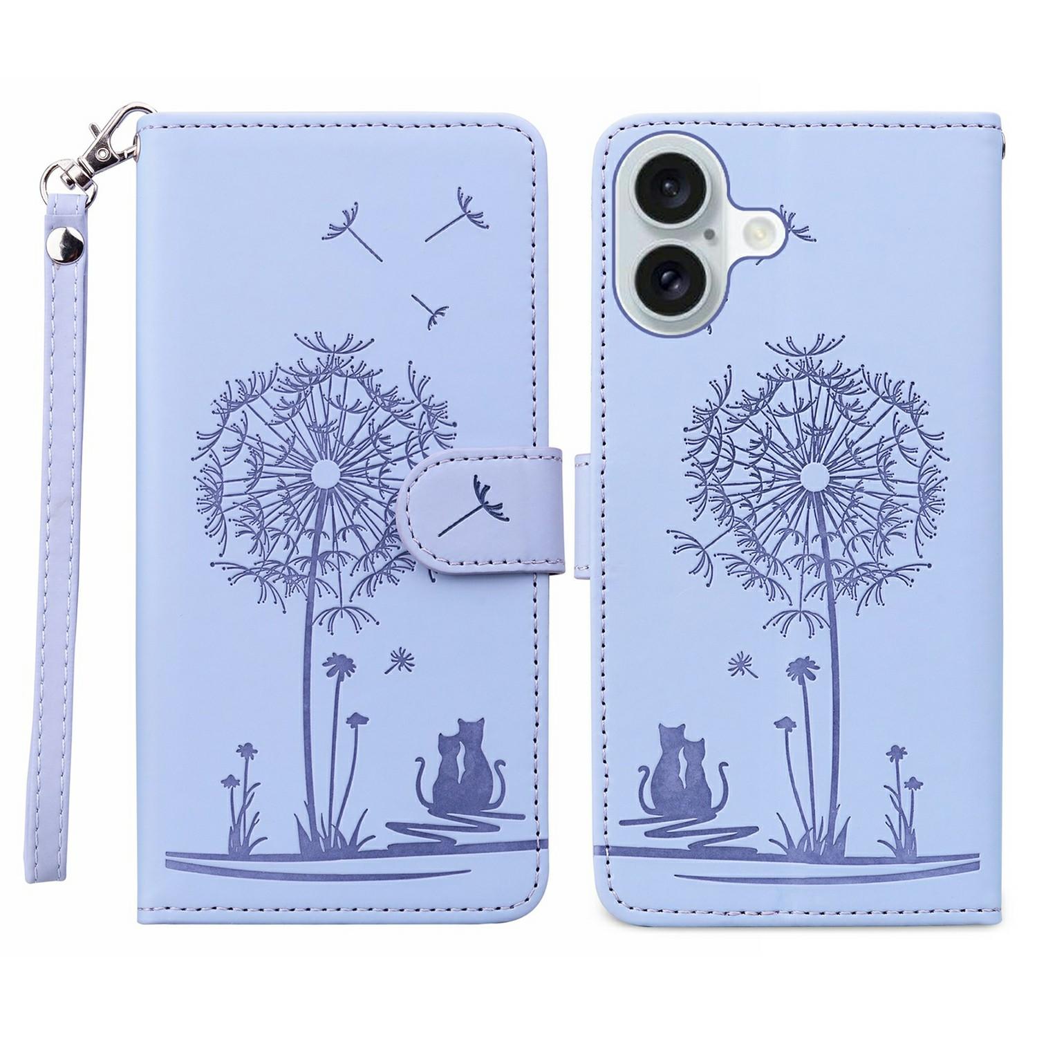 

For iPhone 16 Case Cat Dandelion Imprint PU Leather Wallet Phone Cover with Strap E