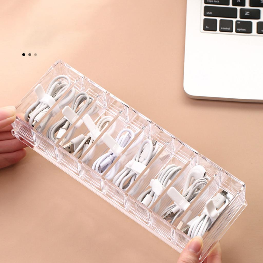 Data Cable Storage Box Transparent Multi Grids Large Capacity Charging Cord Organizer Box with 10 Wire Ties for Drawer