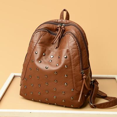 Fashion Rivet Backpack Women'S Soft Leather Washed Leather Large Capacity School Bag Travel Backpack