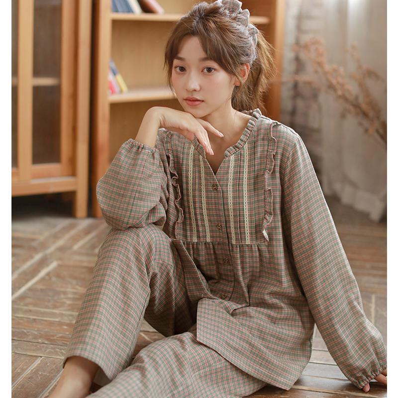 Ladies' Autumn Countryside Elegant Small V-neck Long-sleeved Pants Home Clothes Set