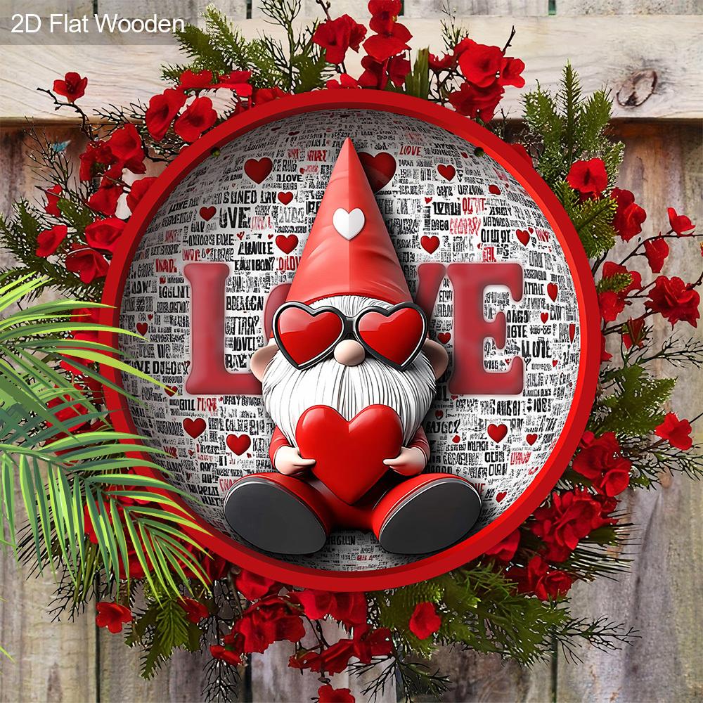 Whimsical Valentine'S Day Round Wooden Sign - Unique Gnome & Love Design, Multifunctional Outdoor Yard Sign for Home, Farm, Garden, Bar, Garage