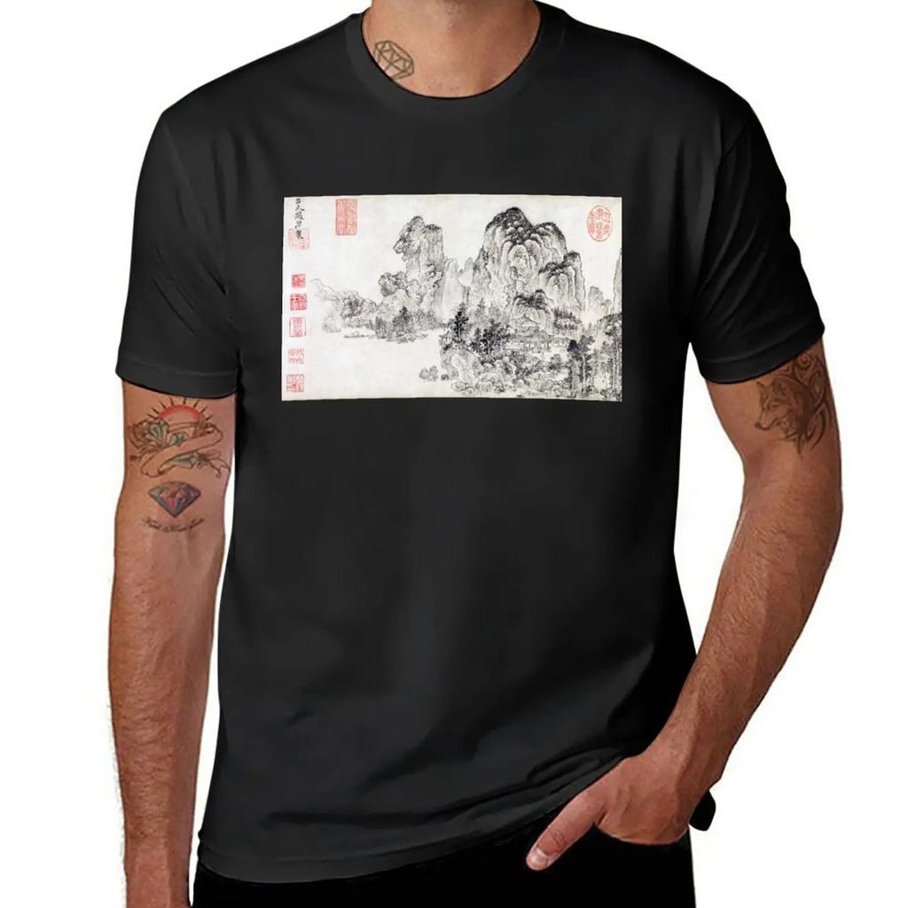 Landscape In the Style of Yan Wengui and Fan Kuan (Restored Japanese Artwork) T-Shirt Oversizeds Men T Shirt