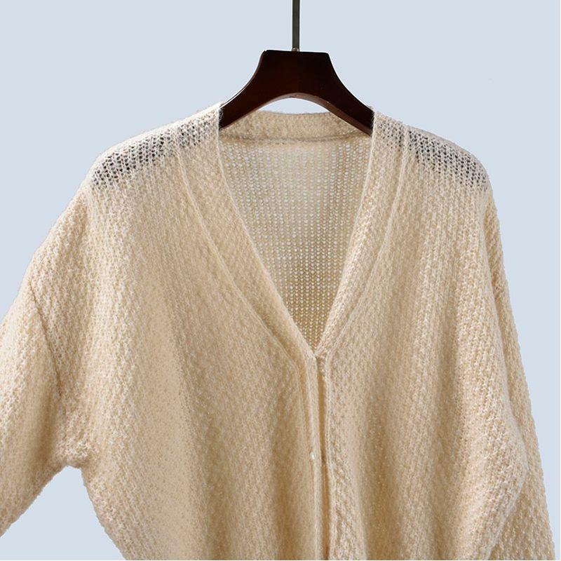 Wool Mohair Spring & Fall Women's Knitting Sweater Lazy Style Long Sleeve Pure Color Cardigan Plaid Loose Elastic Outwear