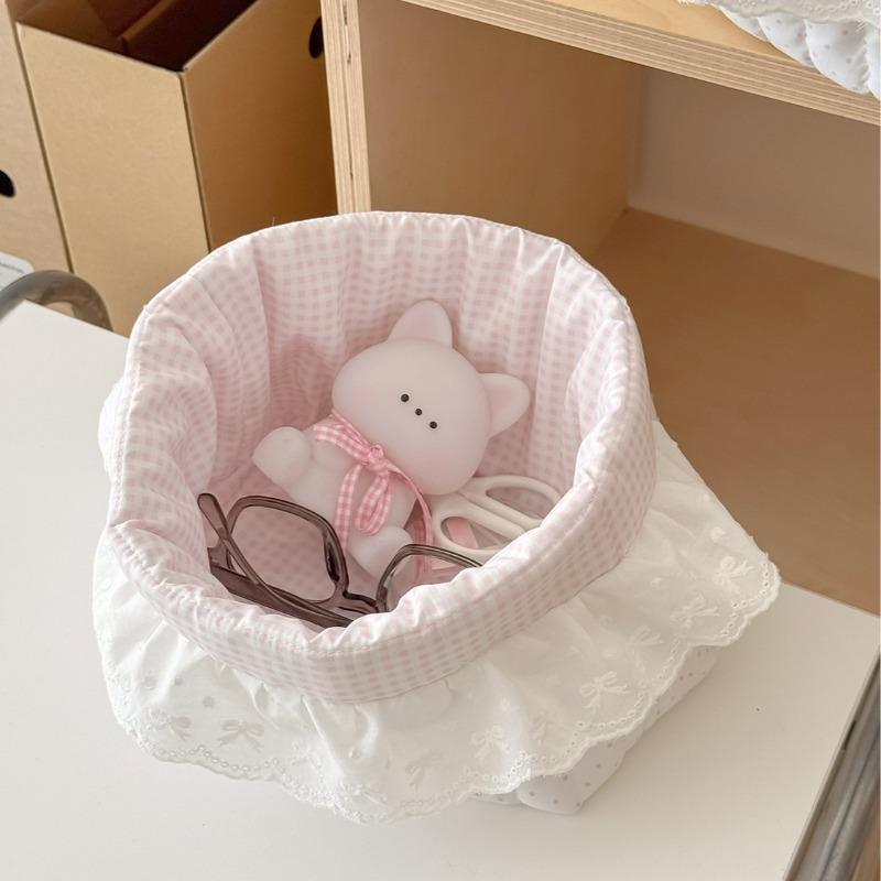 Ruffle Edge Polka Dot Stationery Storage Holder Sweet Pink Desktop Organizer Cute Small Basket for Snacks Scrapbook Supplies