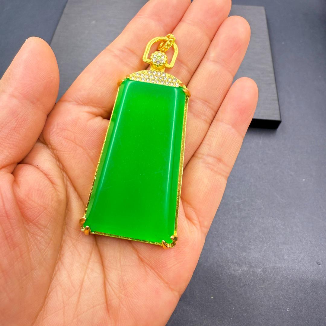 Imperial Green Chalcedony Peace Pendant: Women s Chinese Style Rectangular Necklace