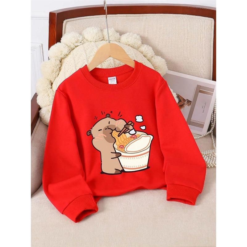 European sizes Crewneck Sweatshirt for Kids Featuring an Adorable Bear Enjoying Noodles with Chopsticks. Perfect for Sports And Casual Outings
