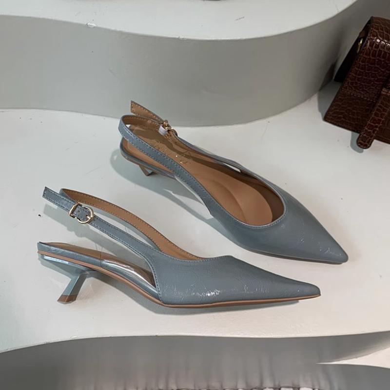 Mode SUOJIALUN Sommer Neu Damen Sandale Mode Spitz Zehenbereich Flach zum Hineinschlüpfen Damen Elegant Slingback Schuhe Dünner Mittlerer Absatz Kleid Pantoletten
