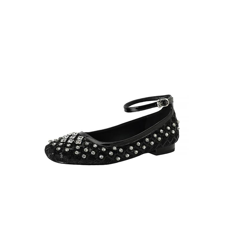 Krazing Pot Knitwear Sheepskin Summer Size 40 Crystal Low Heels Ankle Straps Rhinestone Square Toe Elegant Sweety Pumps