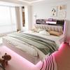 Gestoffeerd Bed 160*200 met LED-verlichting en USB-poort, Hoofdbord met Opbergruimte, Zwevend Bed Jeugd Bed Volwassen Bed, Linnen Stof, Beige