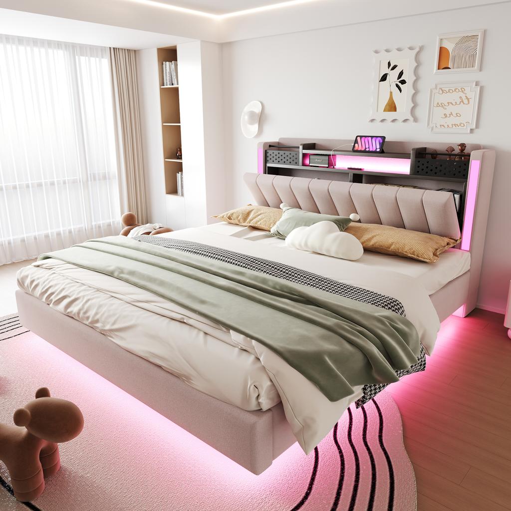Gestoffeerd Bed 160*200 met LED-verlichting en USB-poort, Hoofdbord met Opbergruimte, Zwevend Bed Jeugd Bed Volwassen Bed, Linnen Stof, Beige