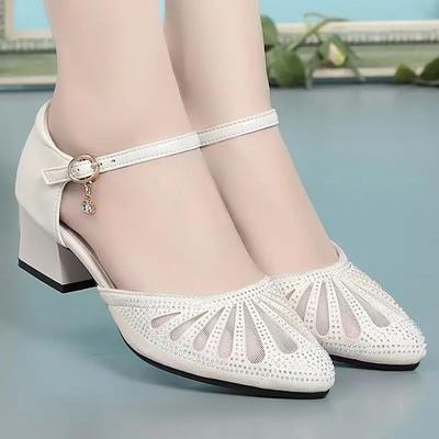 Women's Shoes Pointed Toe Summer 2024 Rhinestones Footwear Transparent Diamond Sandals for Woman with Medium Heels Clear Closed