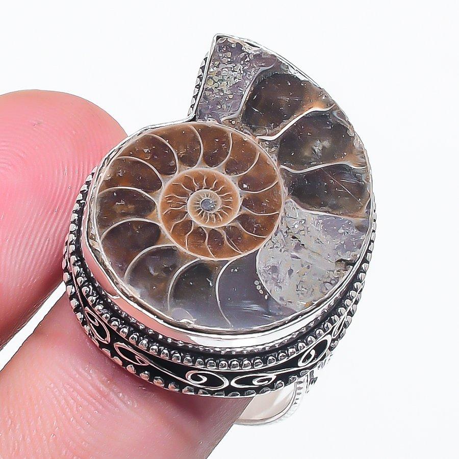 Natural Ammonite Fossil Gemstone 925 Sterling Silver Jewelry Ring Size 9.5 F7l73