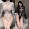 Women Hollowed Fishnet Bodysuit Long Sleeve Mock Neck Open Back Bodysuit Sexy See Through Flower Lace Nightwear Lingerie