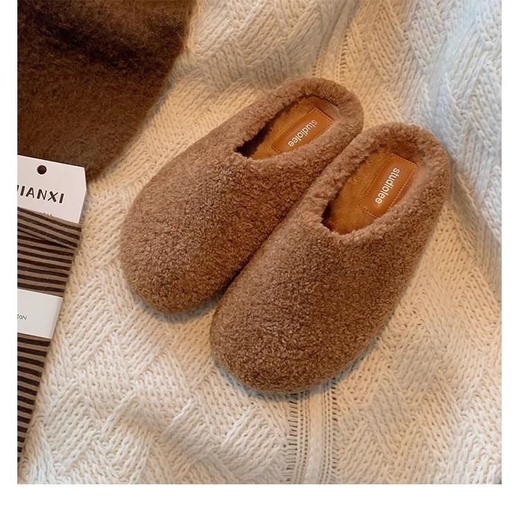Autumn and Winter New Bag Head with One Foot To Keep Warm Cotton Shoes with Plush Fluffy Half Slippers Women Wear Autumn and Winter Models