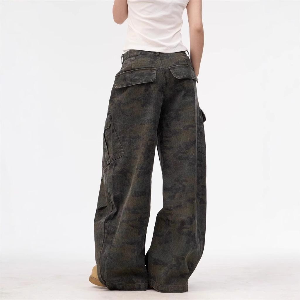 BeatStreet Retro Amerikanische Camouflage Arbeitsjeans Messer Design Damen Herren Paar Lässige Hose Lockerer Schnitt L Taille Reißverschluss