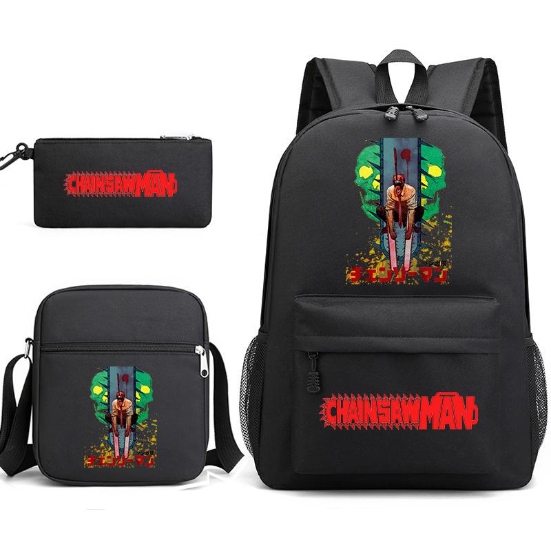 Chainsaw Man Print Student Backpack Set with Crossbody Bag and Pencil Pouch for Boys Girls Daily Use