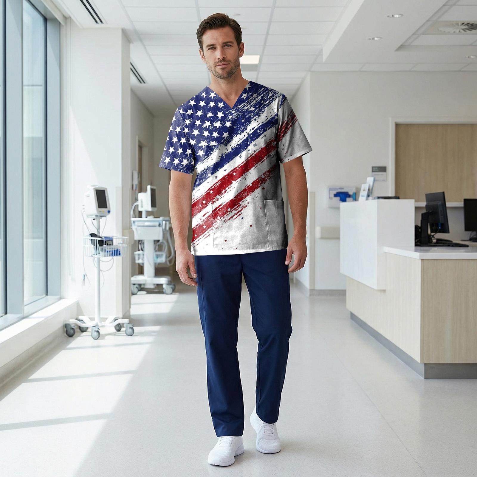 

Unisex V Neck Scrub Top with Star and Stripe Print Short Sleeve Uniform Shirt for Healthcare Professionals S