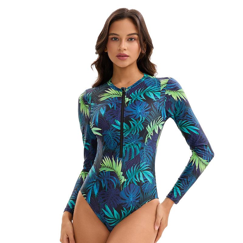Maiô feminino peça única sexy estampado traje de surf manga longa proteção solar traje de mergulho zíper maiô triângulo conservador