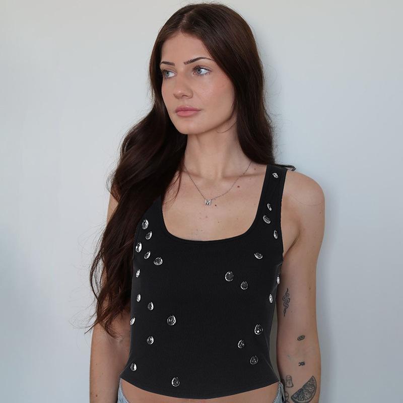 

Ribbed Sleeveless Drop Diamond Decorative Vest S чорний