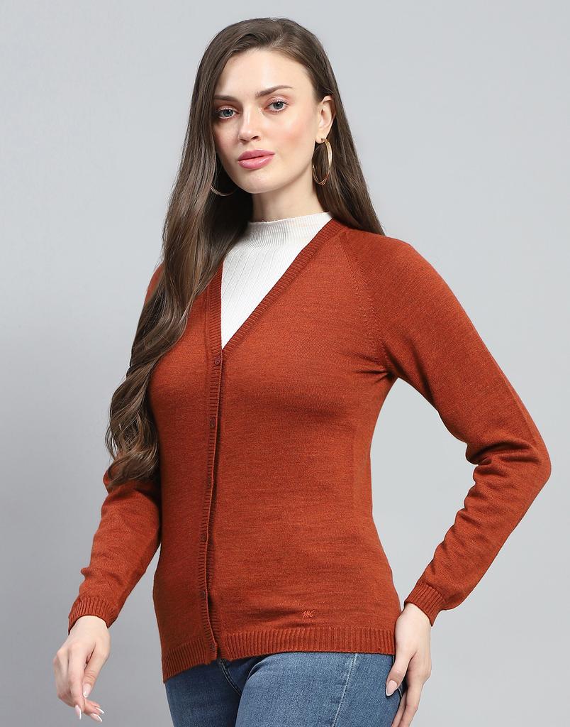 MONTE CARLO Womens Solid Rust V Neck Full Sleeve Cardigan