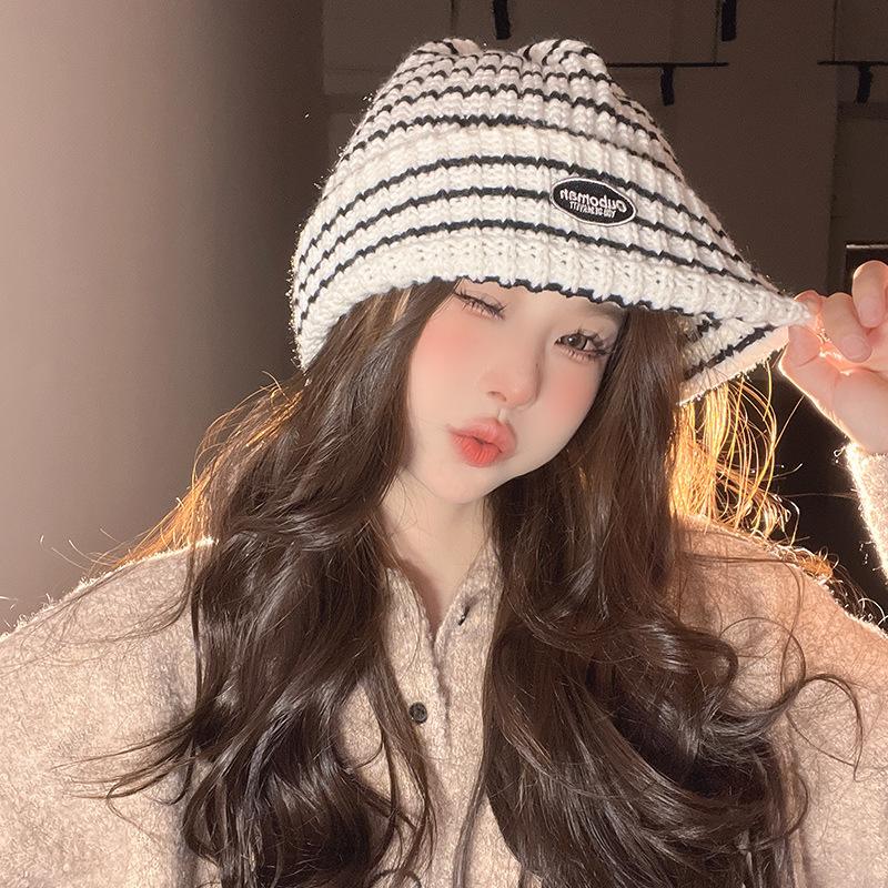 New Korean Version of Versatile Knitted Hat for Women's Trendy Warm Striped Wool Hat Big Head Ear Protection Cold Hat