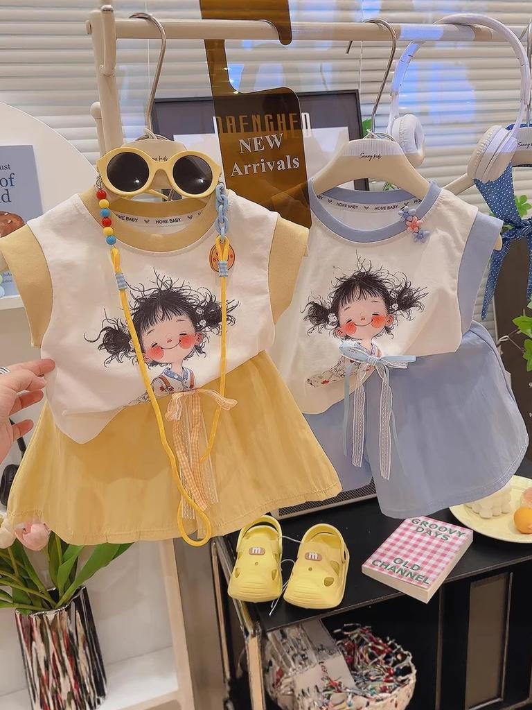 Girls' Dopamine Style Color Block Print Sleeveless Two-Piece Set - Cute Summer T-shirt and Shorts