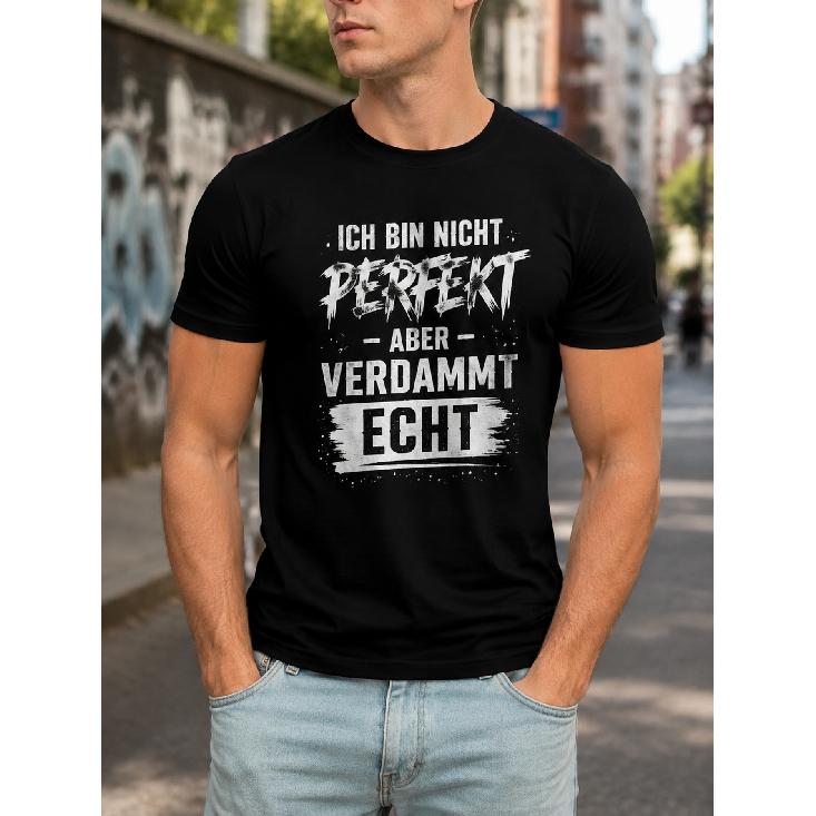 men s black short sleeve crew neck t-shirt with bold german graphic print ich bin nicht perfekt aber verdammt echt for casual streetwear S чёрный