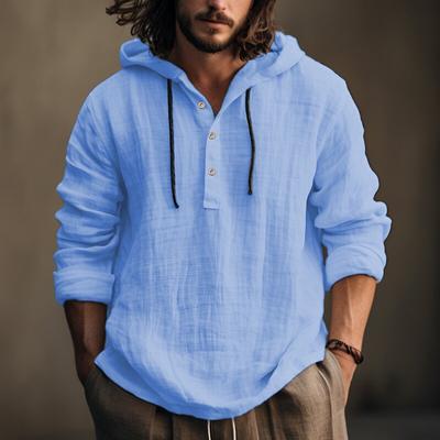 Men Shirts Hooded Solid Color Long Sleeve Tops Casual Buttons Cotton Linen Vintage Summer Beach Shirts