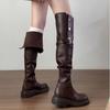 Two Wear Versatile Knee Boots Women's Retro Leather Boots Thick Heel Platform Cycling Boots Long Boots Fashionable