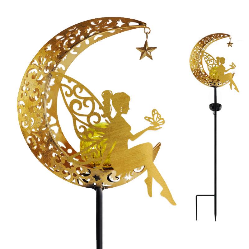 Antique Iron Art Solar Garden Lights: Moon & Sun Design Landscape Spotlight