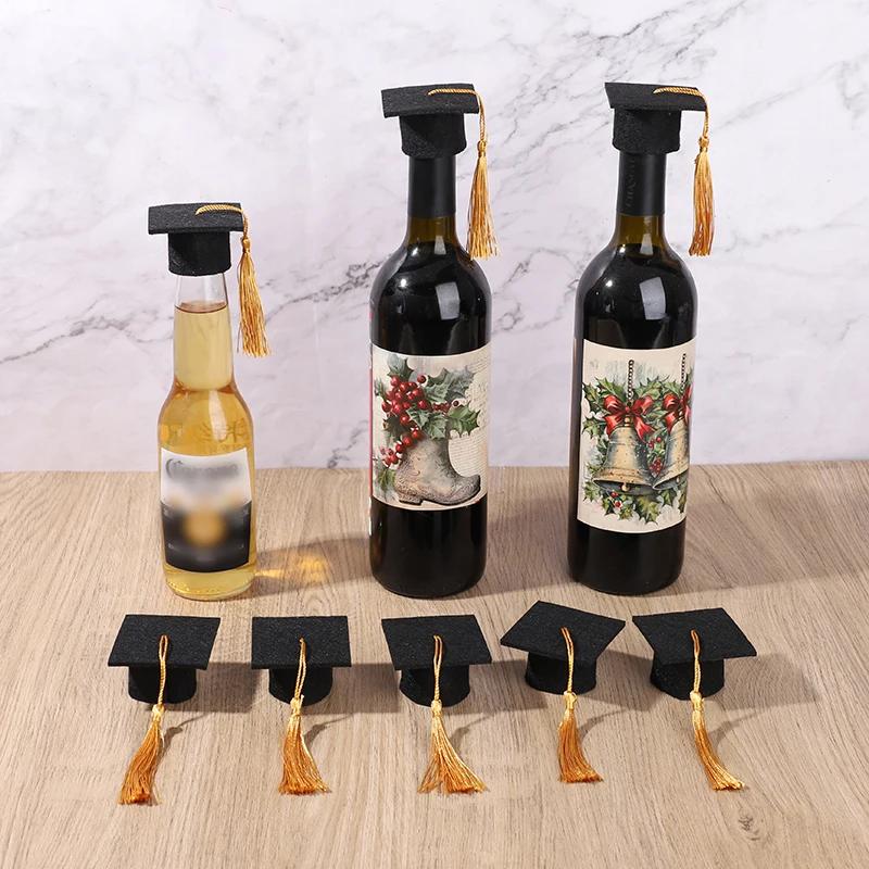 5/10pcs Chapeau de Diplômé en Feutre avec Pompons pour Fête de Remise des Diplômes Décoration DIY Bouchon de Bouteille de Vin Mini Chapeau de Diplômé Boîtes Cadeaux Bonbons