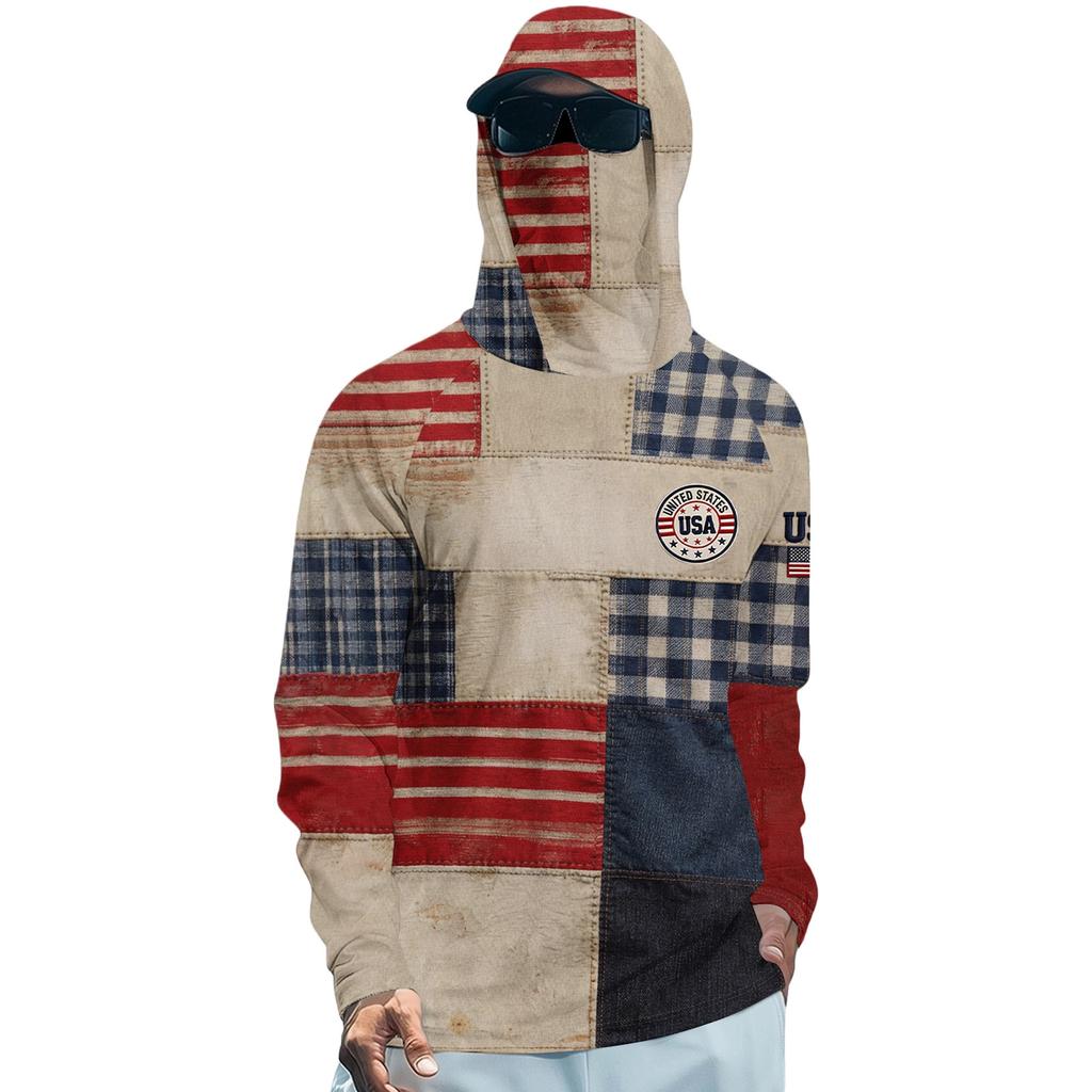 Long Sleeve Hooded Shirt with USA Flag Print Lightweight Pullover Top Casual Fit Soft Material for Everyday Wear