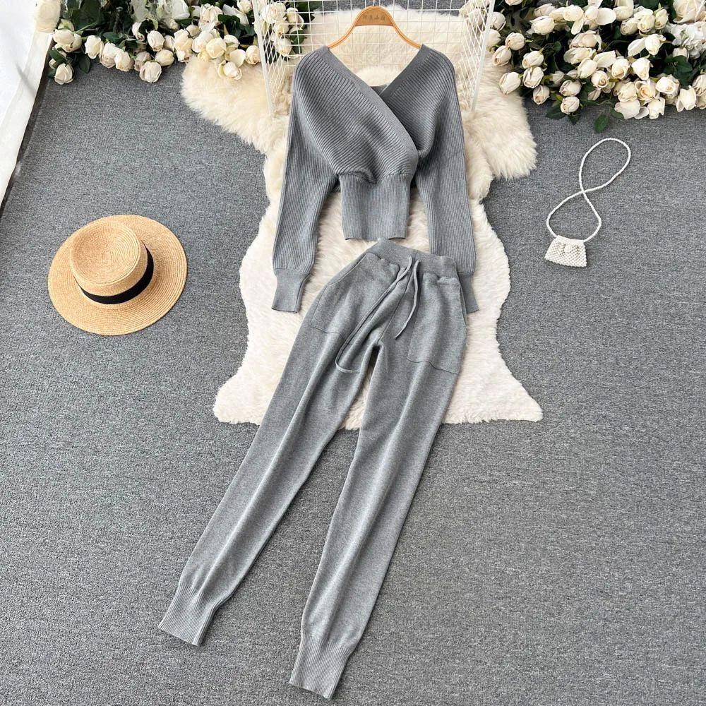 

Сексуальний светр із 2 предметів, спортивні костюми з відкритими плечима, жіночі брюки шаровары + пуловер із подвійним V-подібним вирізом, осінь-зима, трикотажний одяг One Size сірий колір