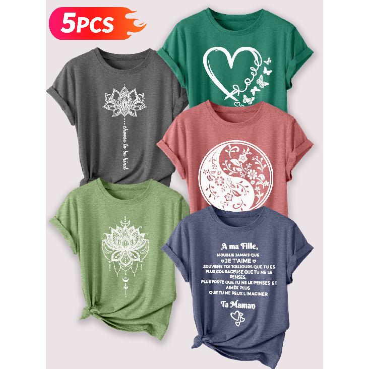 Lele Orientation Five-piece set for beautiful women T Shirt Mandala Lotus Yin-Yang Floral Heart Butterfly French Message Vintage Print Summer Casual