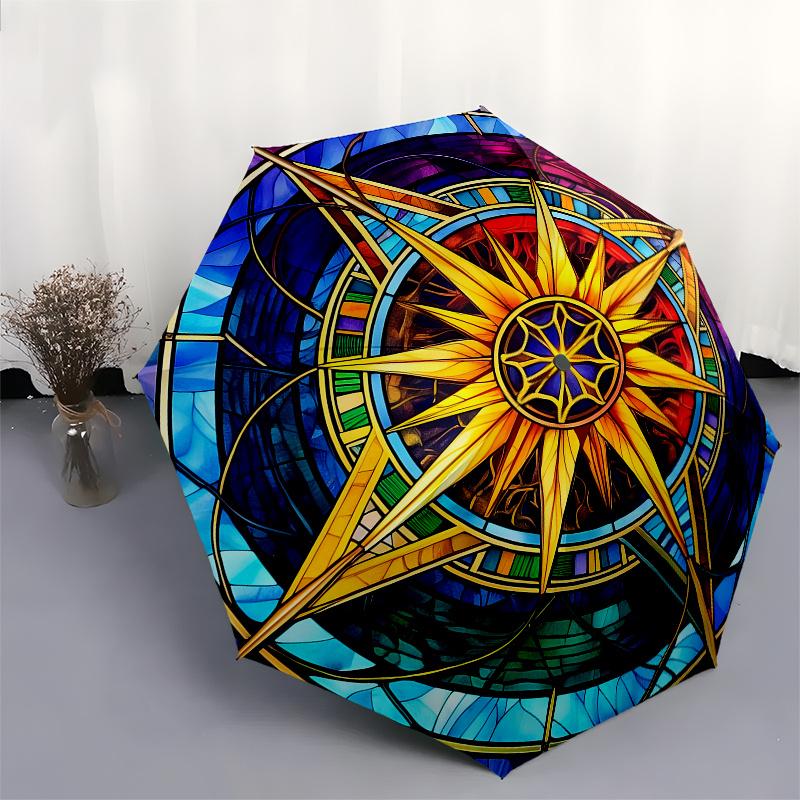 Stained Compass Rose Window ArtUmbrella, Portable 3-Fold Compact Umbrella for Men & Women Gift