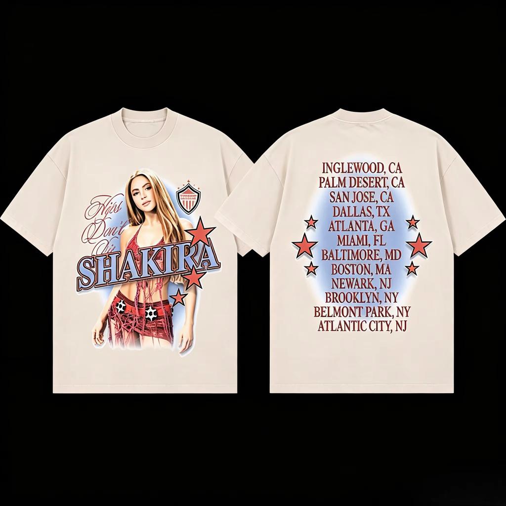 2026 Shakira Las Mujeres Ya No Lloran Tour Doppelseitiges Übergroßes Baumwoll-T-Shirt Y2K Herren Damen Gothic Baumwoll-Übergroße T-Shirts