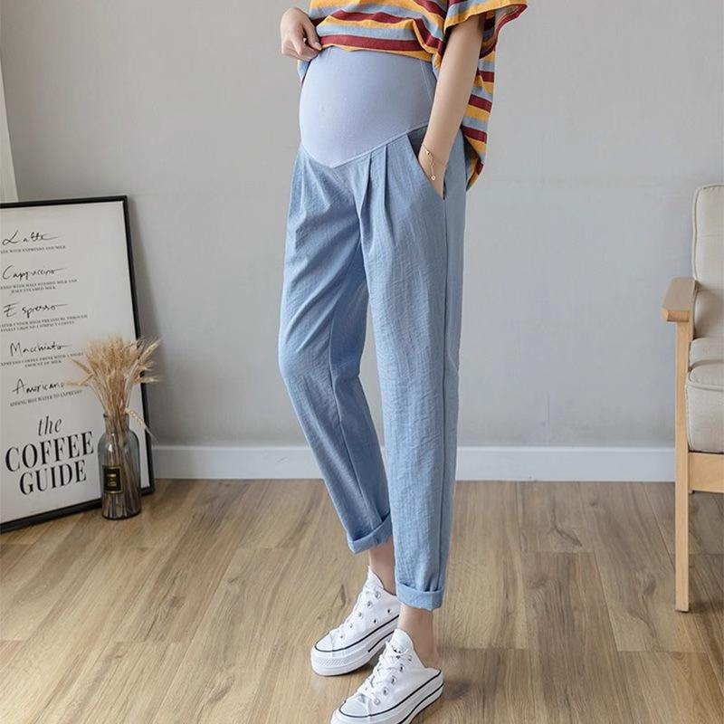

Summer Maternity Wide-Leg Cropped Pants - Supportive Belly, Lightweight, Loose Fit for Petite Sizes One Size (suitable for 80-110 jin) синій