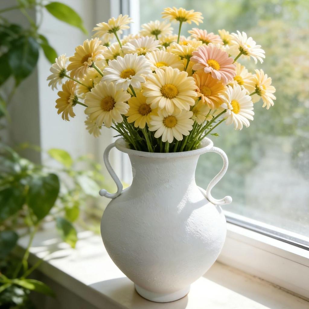 White Iron Vase with Handles Sturdy Bulbous Pedestal Textured Centerpiece