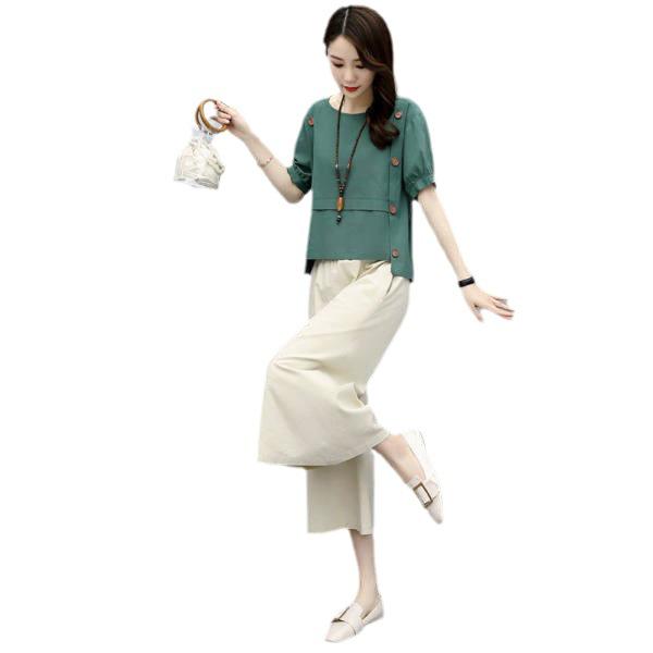 2022 Women's Fashionable Loose Two-Piece Summer Set: Short-Sleeved Dress & Wide-Leg Pants for a Slim, Stylish Look