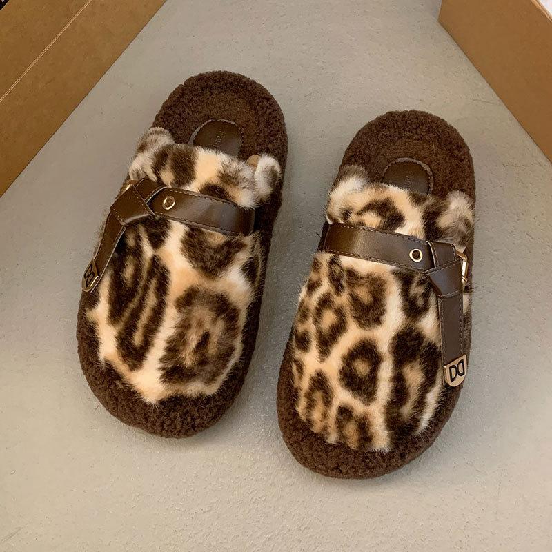 Mao Mao shoes women's winter velvet outer wear lazy one-pedal women's shoes 2025 new thick-soled leopard print bag head half slippers