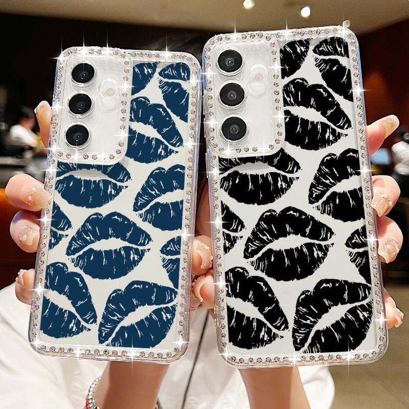 Diamond Frame Lips Print Soft Silicone Case For Samsung S25 Edge S24 FE S23 Ultra S22 A16 A56 A36 A15 A55 A35 Clear Shockproof Phone Cover
