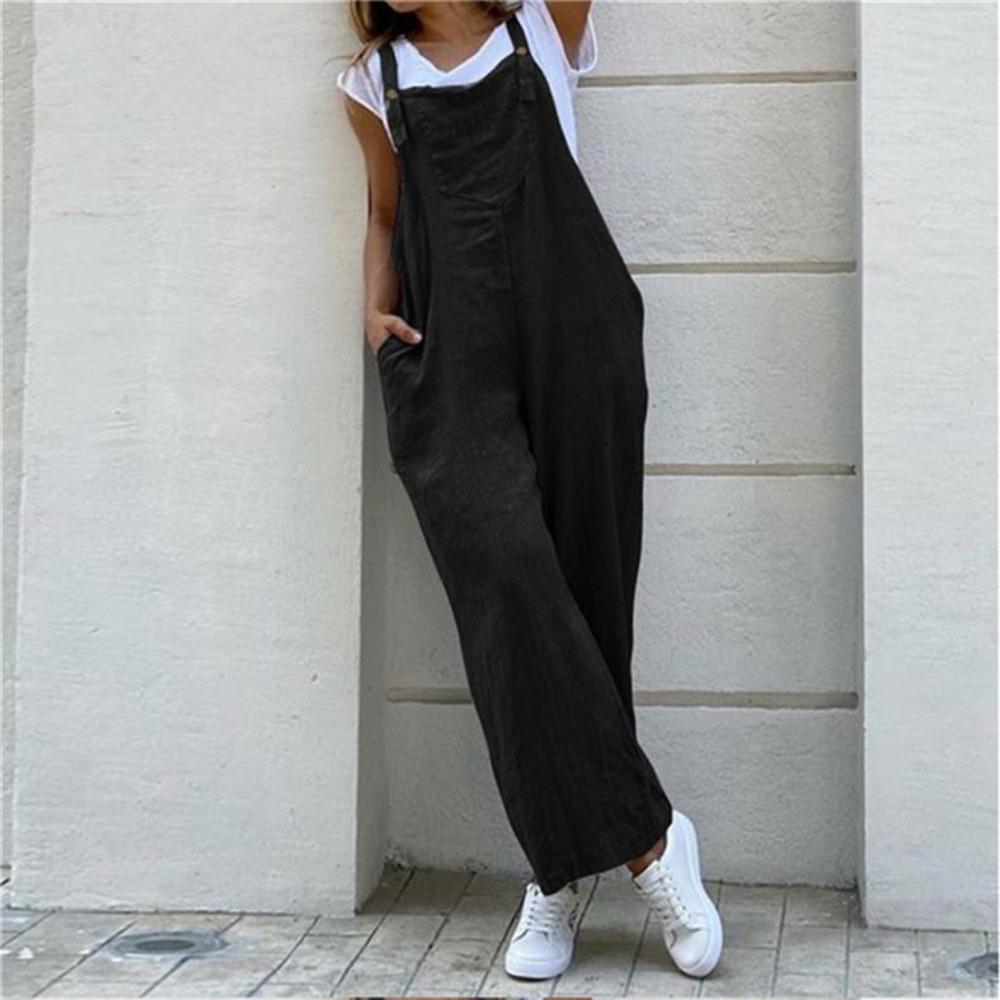 Sommer-Overall für Damen, einfarbig, lässig, lange Hose, Taschen, Knopfleiste, breiter Beingurt, Overall, lockerer Strampler