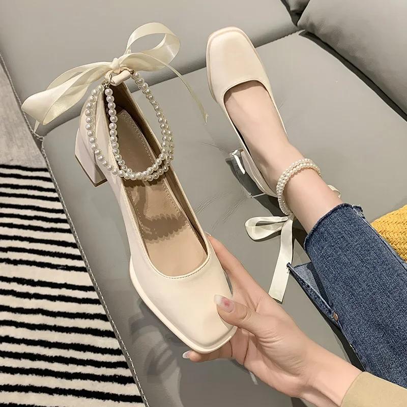 

Мода 2024 Новые Женские Туфли на Высоком Каблуке Бант Толстый Каблук Квадратный Носок Женская Обувь С Открытым Верхом Мэри Джейн Модная Вечерняя Обувь Zapatos 34